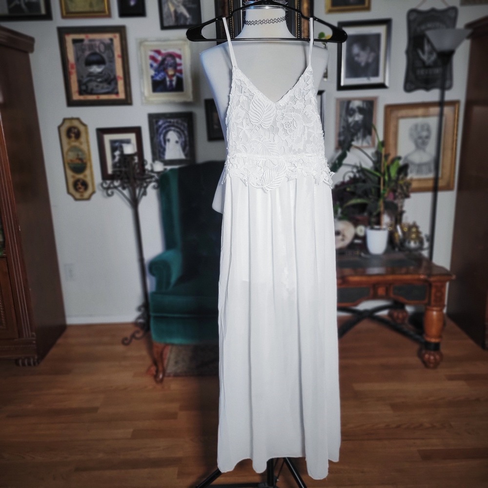 Maxi Dress White Lace Bodice Sleeveless Boho Ethereal Fairycore Chiffon Long XS